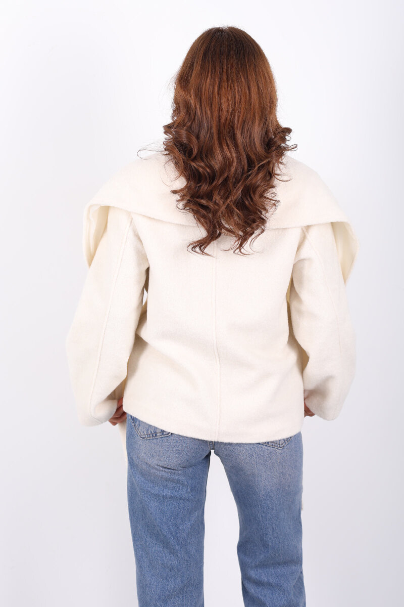 Çift Cepli Şal Detaylı Yumoş Kadın Krem Kaşe Kaban - 6