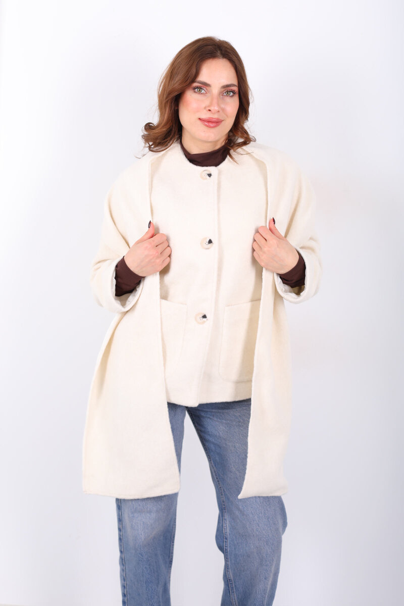 Çift Cepli Şal Detaylı Yumoş Kadın Krem Kaşe Kaban - 5