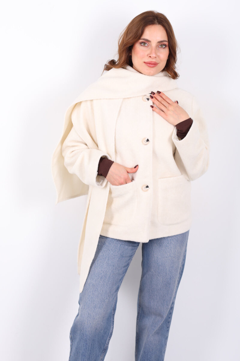 Çift Cepli Şal Detaylı Yumoş Kadın Krem Kaşe Kaban - 1
