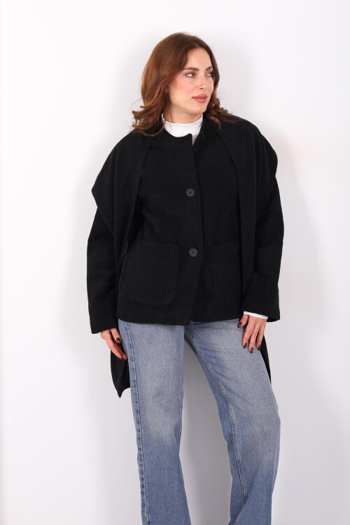 Çift Cepli Şal Detaylı Yumoş Kadın Siyah Kaşe Kaban - 4