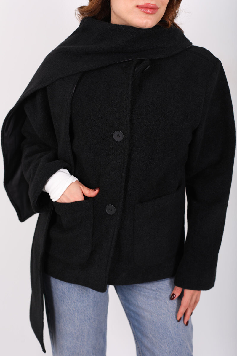 Çift Cepli Şal Detaylı Yumoş Kadın Siyah Kaşe Kaban - 2