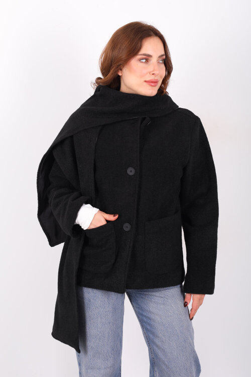 Çift Cepli Şal Detaylı Yumoş Kadın Siyah Kaşe Kaban - 3