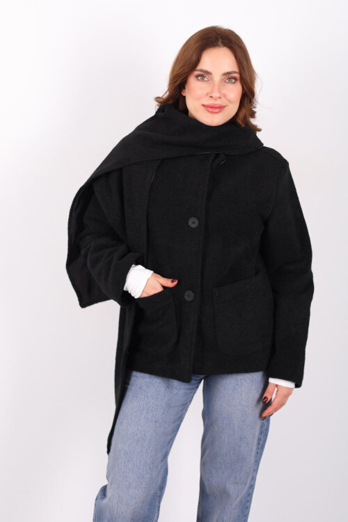 Çift Cepli Şal Detaylı Yumoş Kadın Siyah Kaşe Kaban - 5