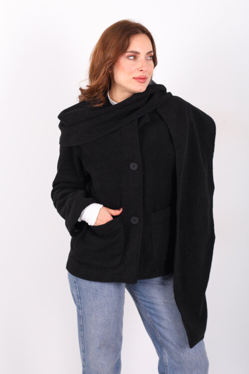 Çift Cepli Şal Detaylı Yumoş Kadın Siyah Kaşe Kaban - Berox