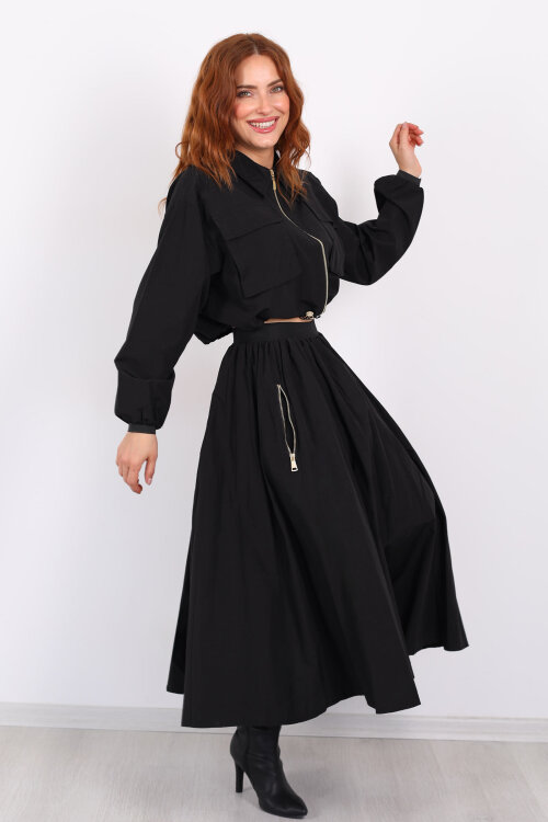 Çift Cepli Siyah Kadın Midi Etek-Ceket Takım - Berox