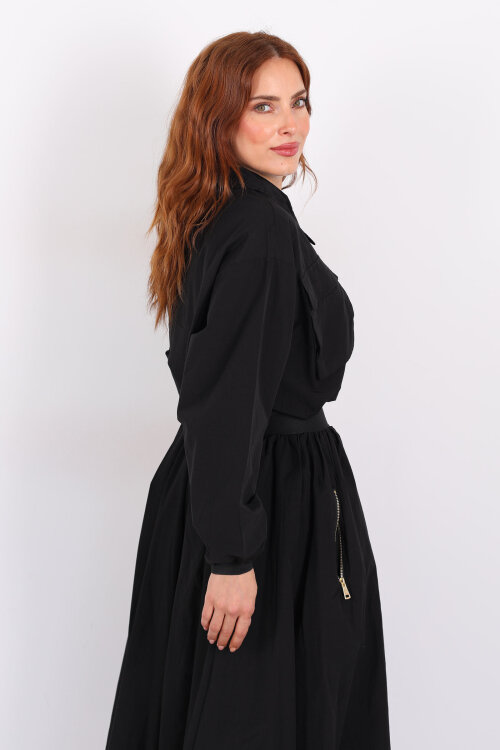 Çift Cepli Siyah Kadın Midi Etek-Ceket Takım - 6