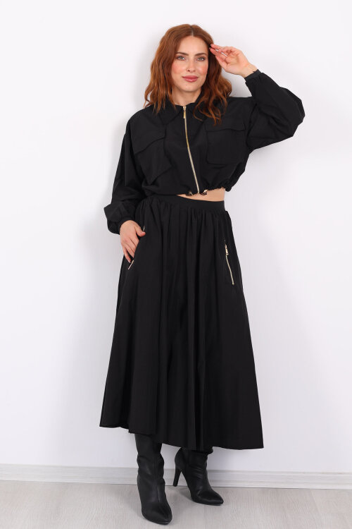 Çift Cepli Siyah Kadın Midi Etek-Ceket Takım - 5