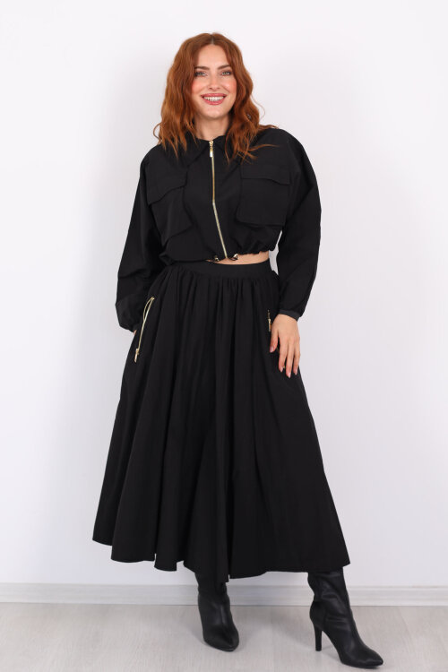 Çift Cepli Siyah Kadın Midi Etek-Ceket Takım - 4