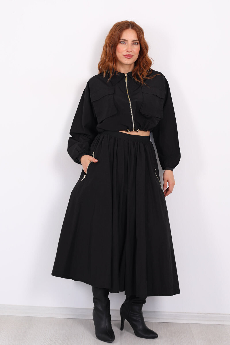 Çift Cepli Siyah Kadın Midi Etek-Ceket Takım - 7