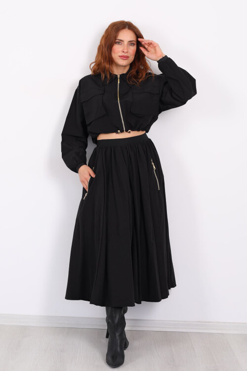 Çift Cepli Siyah Kadın Midi Etek-Ceket Takım - 3