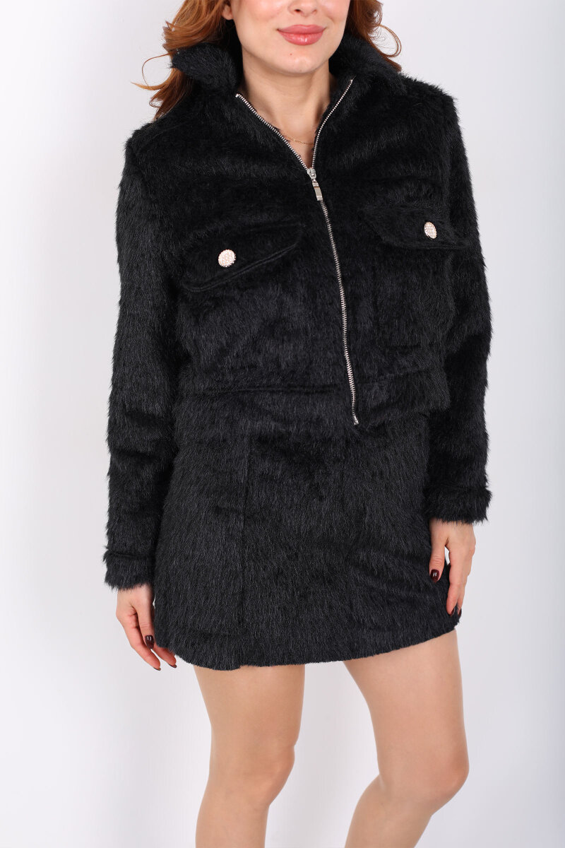 Çift Cepli Siyah Kadın Suni Kürk Ceket - 2