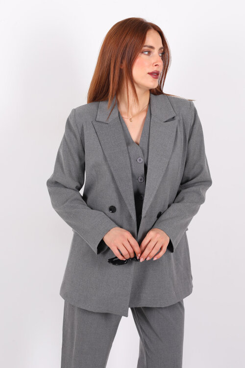 Çift Düğmeli Antrasit Kadın Blazer Ceket - 3