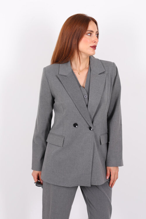 Çift Düğmeli Antrasit Kadın Blazer Ceket - 4