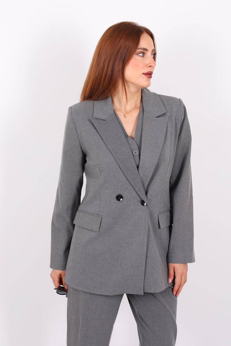 Çift Düğmeli Antrasit Kadın Blazer Ceket - 4
