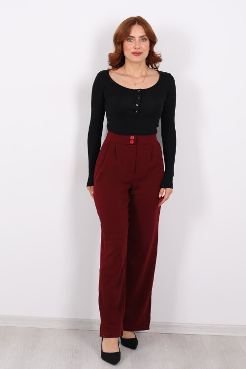 Çift Düğmeli Bol Paça Krep Bordo Kadın Pantolon - 3