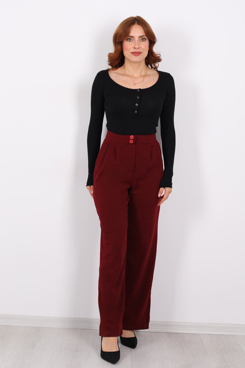 Çift Düğmeli Bol Paça Krep Bordo Kadın Pantolon - 3
