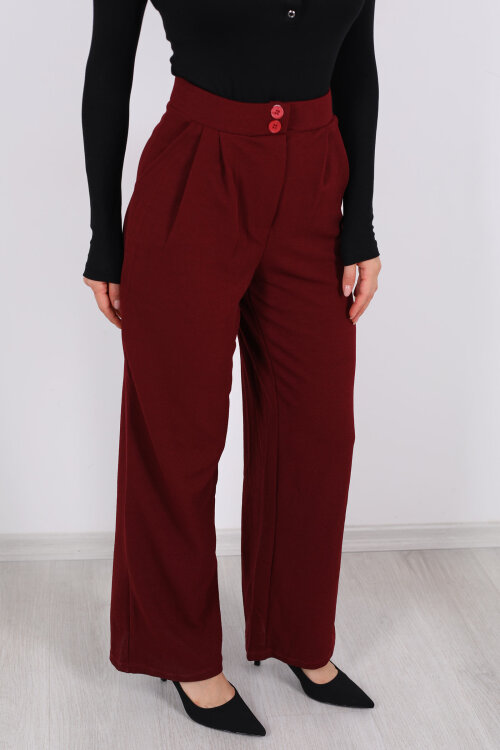 Çift Düğmeli Bol Paça Krep Bordo Kadın Pantolon - Berox (1)