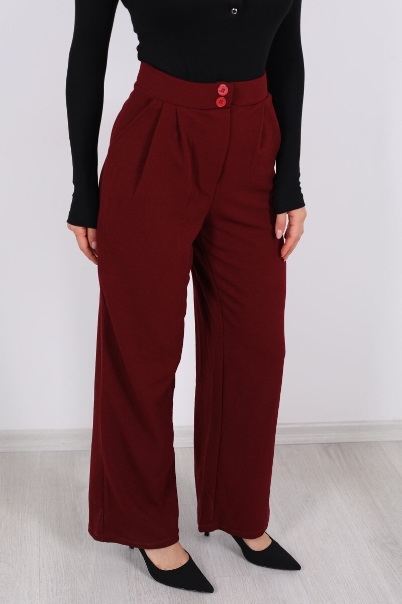 Çift Düğmeli Bol Paça Krep Bordo Kadın Pantolon - 2