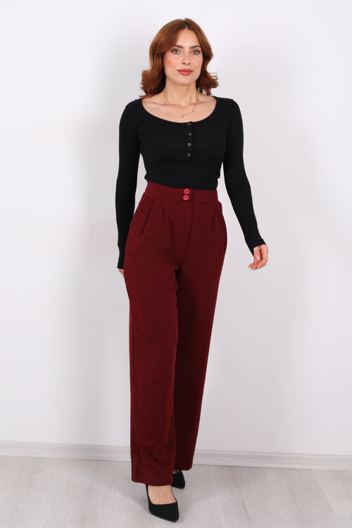 Çift Düğmeli Bol Paça Krep Bordo Kadın Pantolon - 6