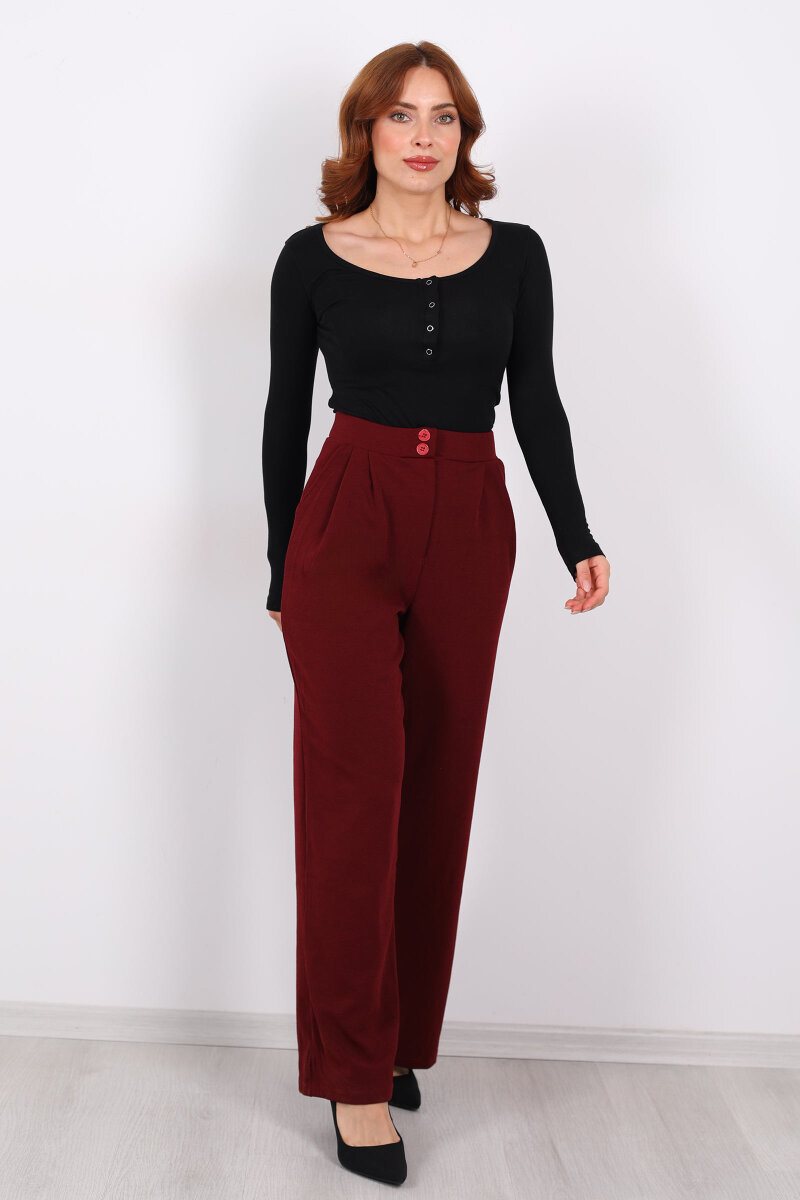Çift Düğmeli Bol Paça Krep Bordo Kadın Pantolon - 6