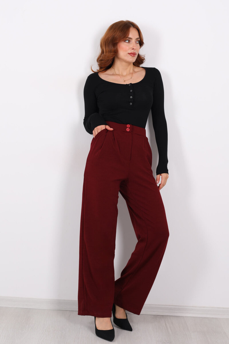 Çift Düğmeli Bol Paça Krep Bordo Kadın Pantolon - 4