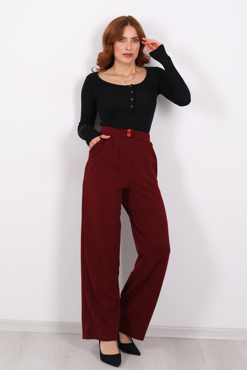 Çift Düğmeli Bol Paça Krep Bordo Kadın Pantolon - 1