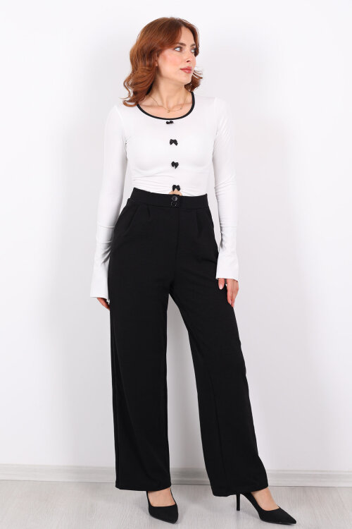 Çift Düğmeli Bol Paça Krep Siyah Kadın Pantolon - 6