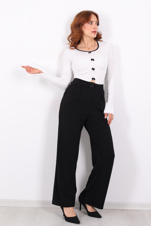 Çift Düğmeli Bol Paça Krep Siyah Kadın Pantolon - Berox