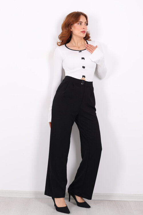 Çift Düğmeli Bol Paça Krep Siyah Kadın Pantolon - 4