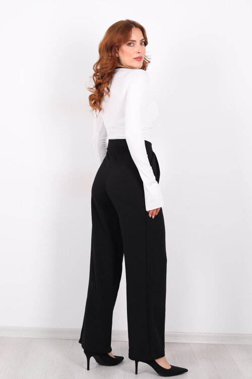 Çift Düğmeli Bol Paça Krep Siyah Kadın Pantolon - 5