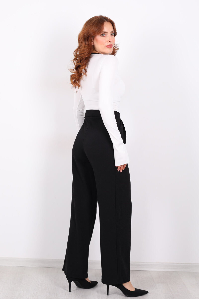 Çift Düğmeli Bol Paça Krep Siyah Kadın Pantolon - 5