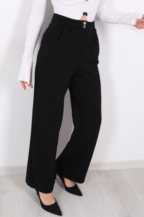Çift Düğmeli Bol Paça Krep Siyah Kadın Pantolon - Berox (1)