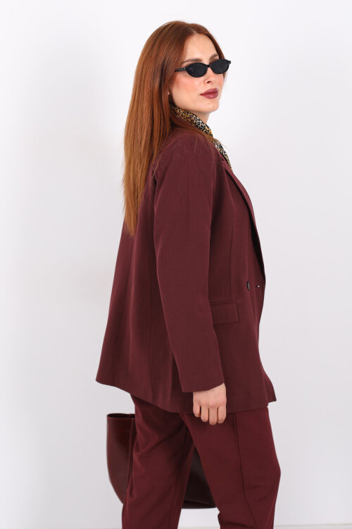 Çift Düğmeli Bordo Kadın Blazer Ceket - 5