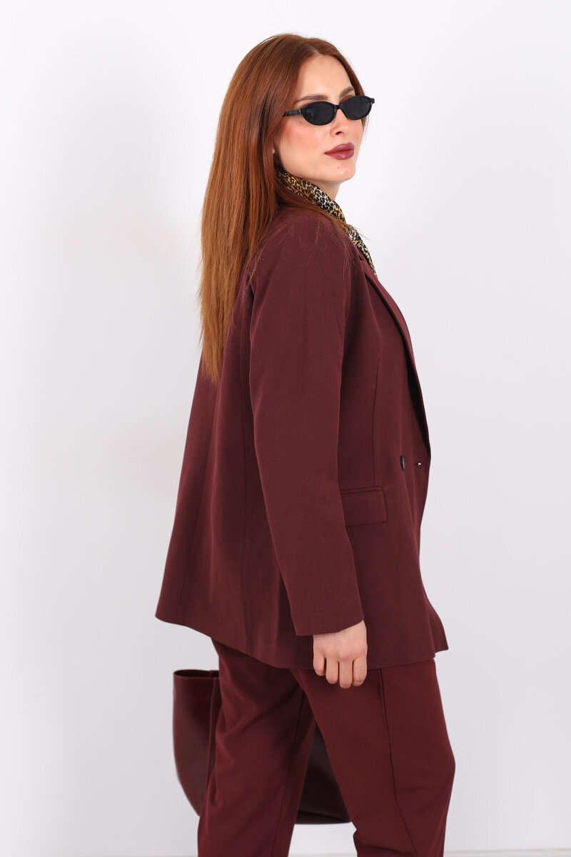 Çift Düğmeli Bordo Kadın Blazer Ceket - 5