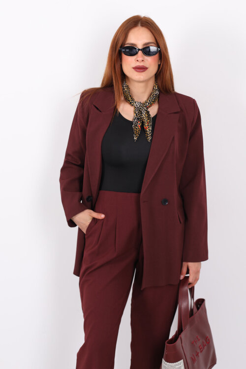 Çift Düğmeli Bordo Kadın Blazer Ceket - Berox