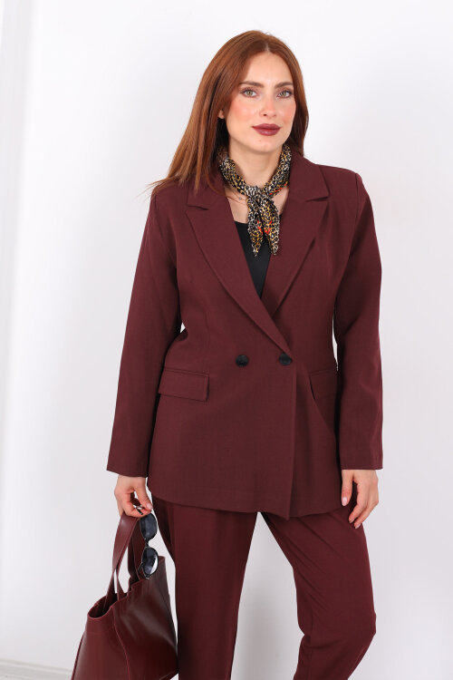 Çift Düğmeli Bordo Kadın Blazer Ceket - 6