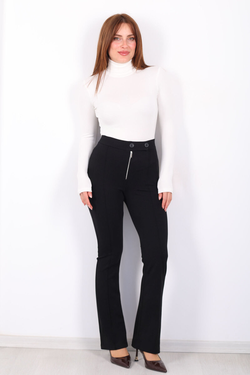 Çift Düğmeli Çimalı Venedik Siyah Kadın İspanyol Pantolon - 1