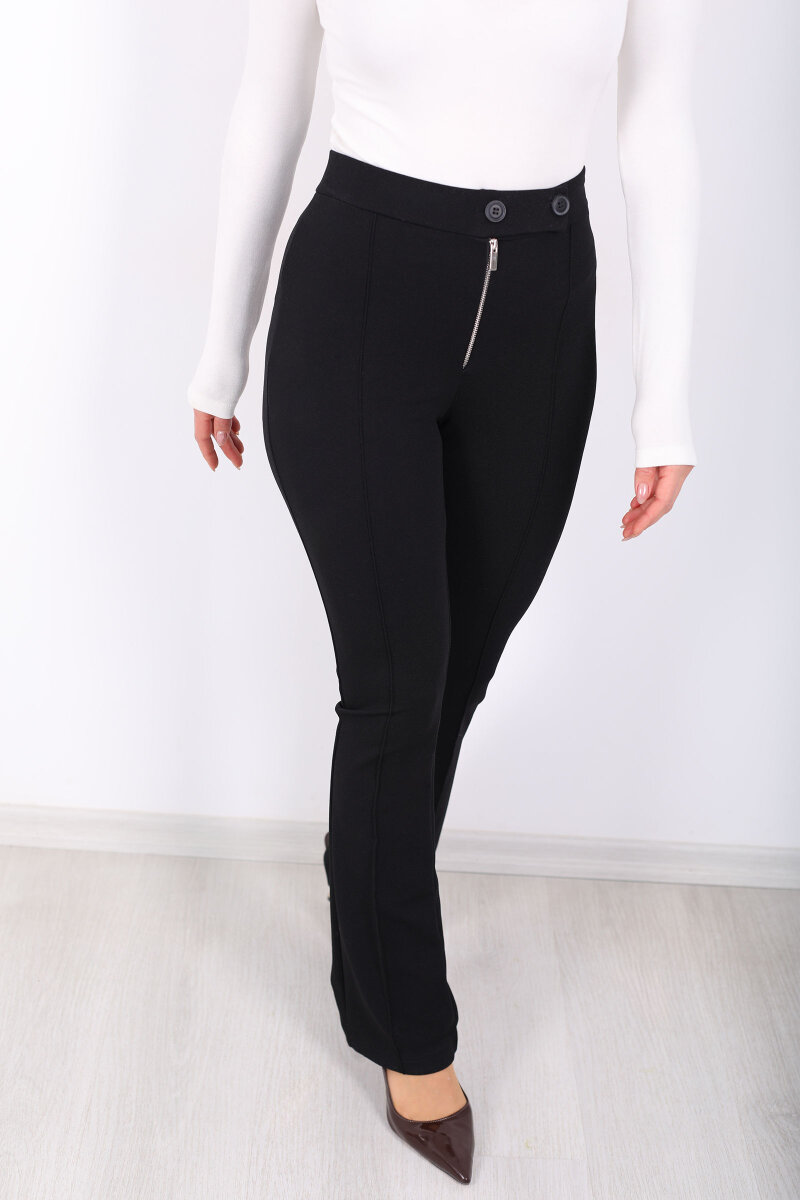 Çift Düğmeli Çimalı Venedik Siyah Kadın İspanyol Pantolon - 2