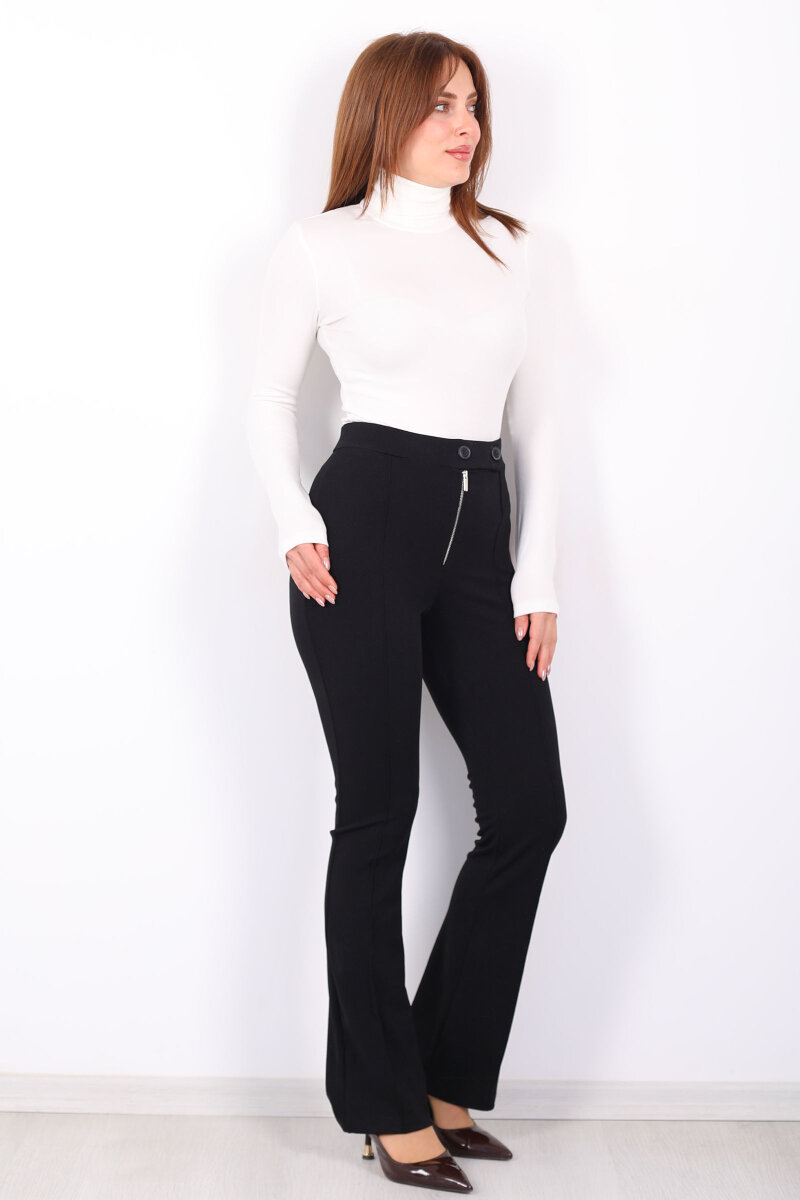 Çift Düğmeli Çimalı Venedik Siyah Kadın İspanyol Pantolon - 7