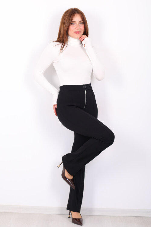 Çift Düğmeli Çimalı Venedik Siyah Kadın İspanyol Pantolon - 5