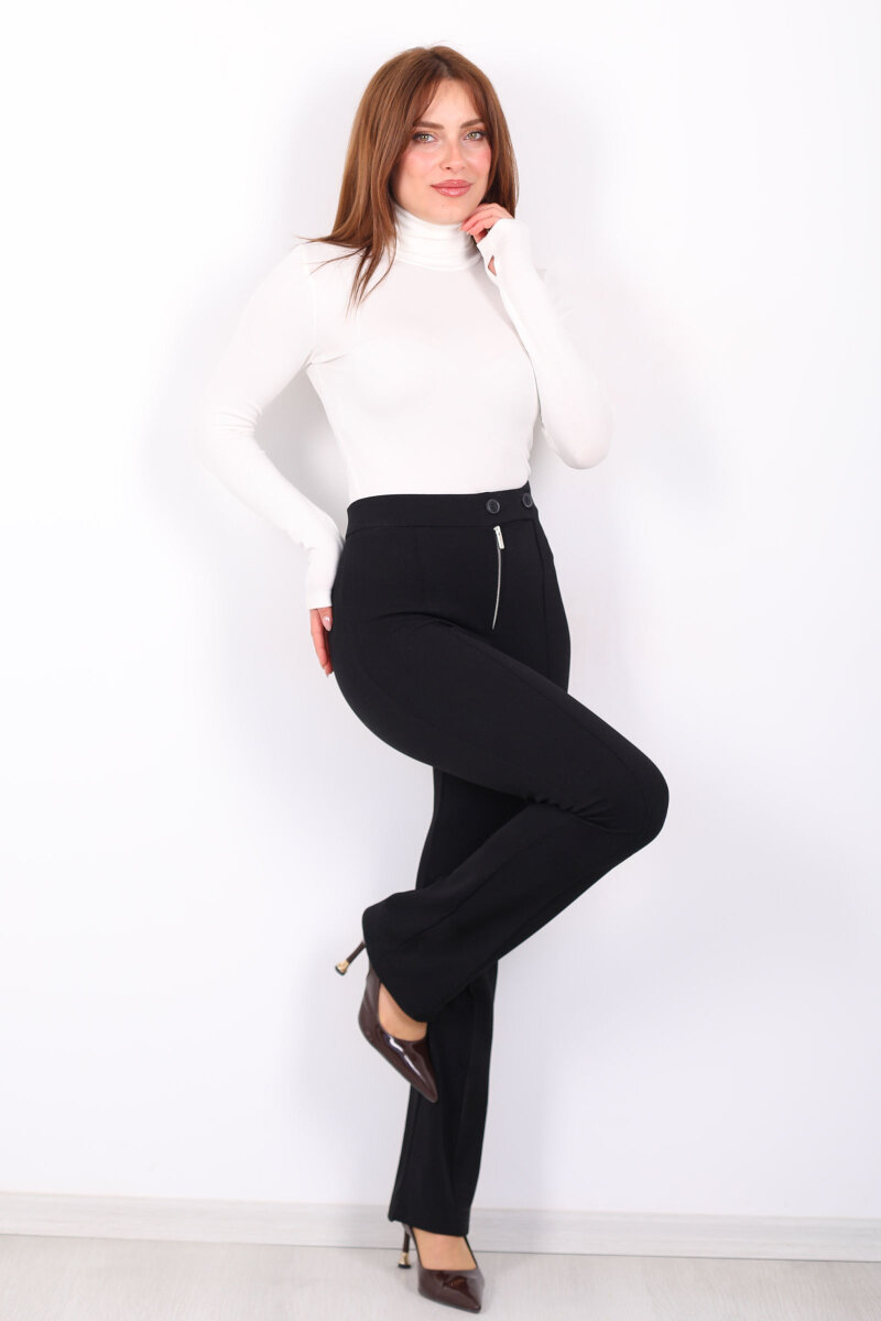 Çift Düğmeli Çimalı Venedik Siyah Kadın İspanyol Pantolon - 5