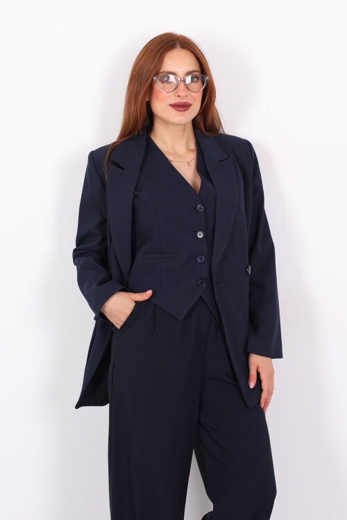 Çift Düğmeli Lacivert Kadın Blazer Ceket - 4