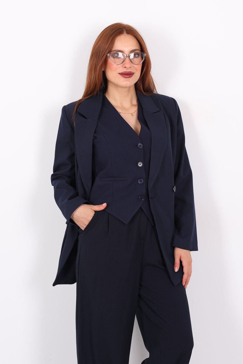 Çift Düğmeli Lacivert Kadın Blazer Ceket - 4