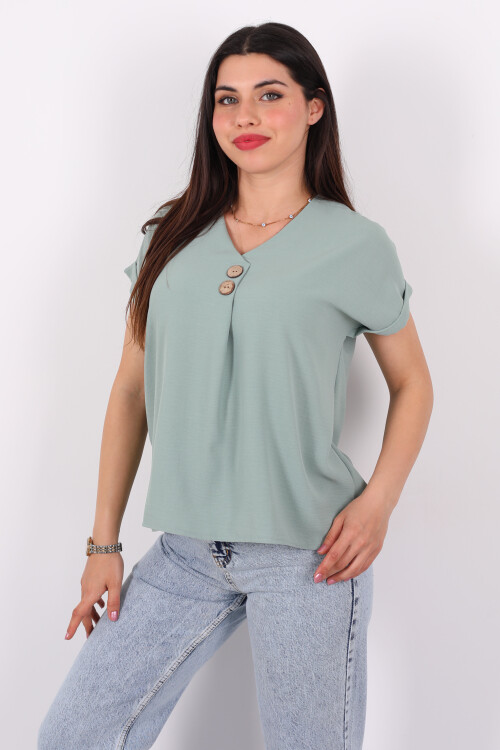 Çift Düğmeli Mint Yeşili Kadın Bluz - 3