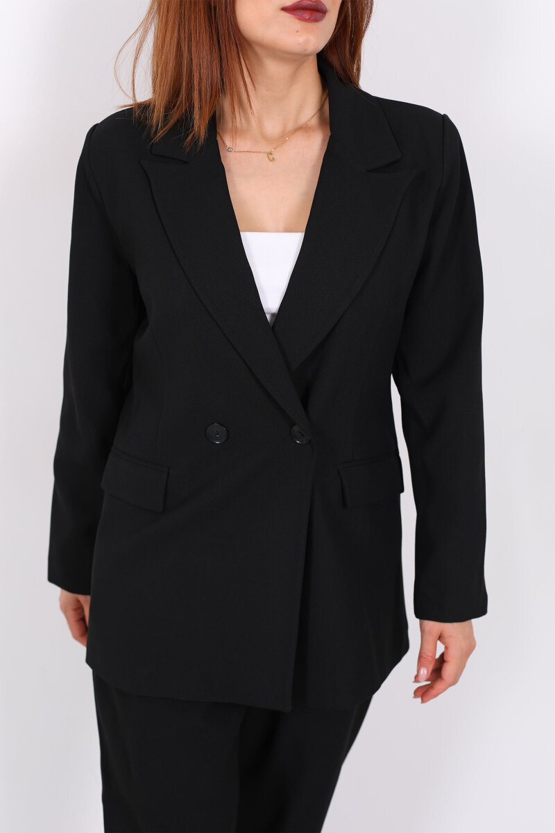 Çift Düğmeli Siyah Kadın Blazer Ceket - 2