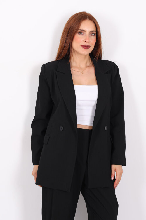 Çift Düğmeli Siyah Kadın Blazer Ceket - 4