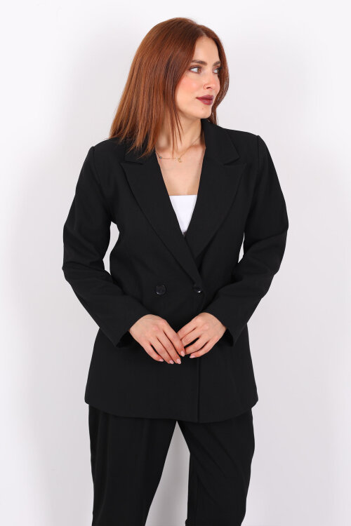 Çift Düğmeli Siyah Kadın Blazer Ceket - 3