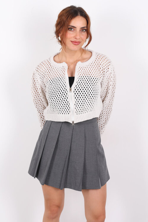 Çift Fermuarlı Ajurlu Taş Rengi Kadın Hırka - 4