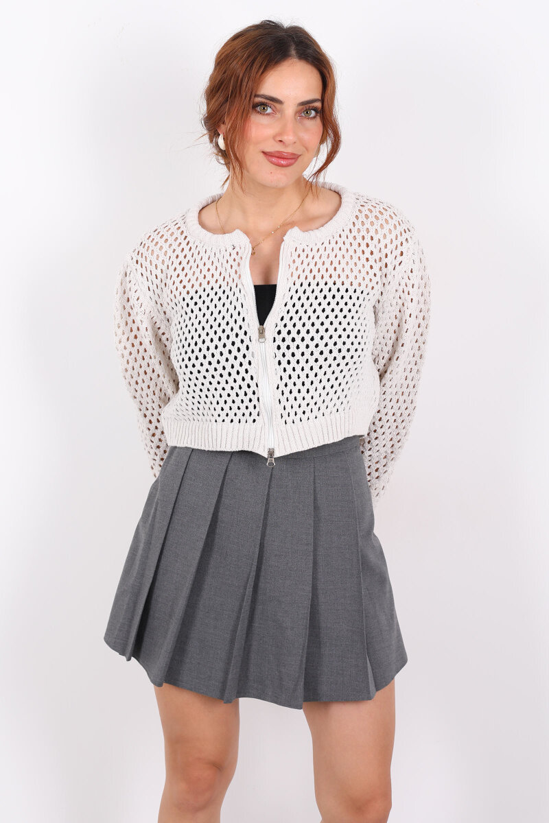 Çift Fermuarlı Ajurlu Taş Rengi Kadın Hırka - 4