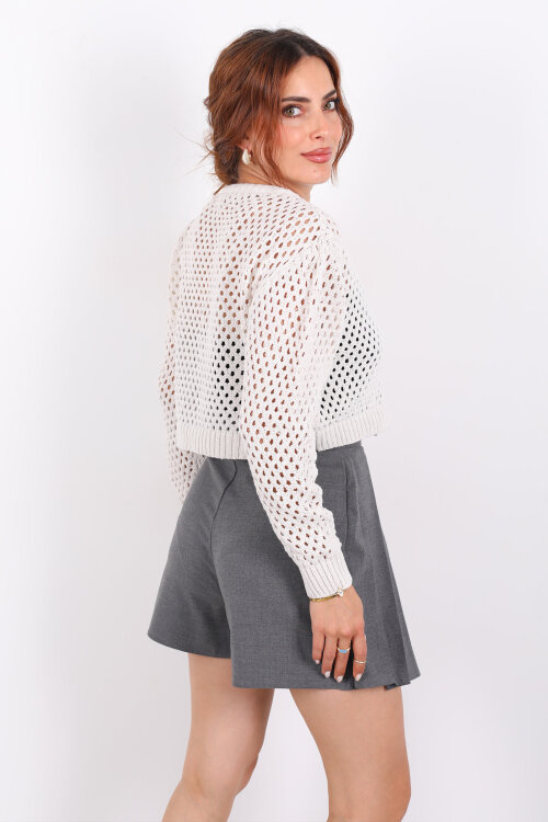 Çift Fermuarlı Ajurlu Taş Rengi Kadın Hırka - 5